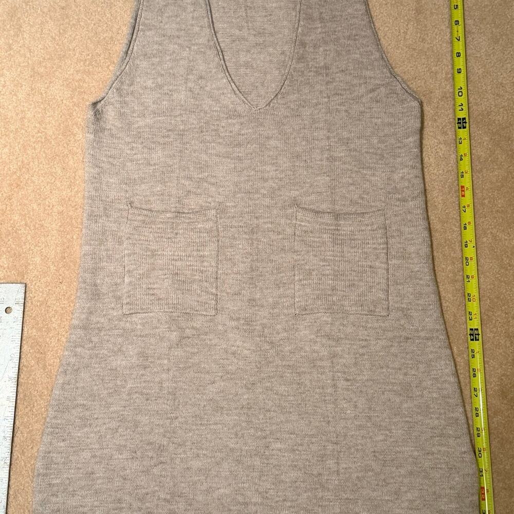Knit V-Neck Mini Dress Heather Beige Long Sweater Vest Front Pockets Size S